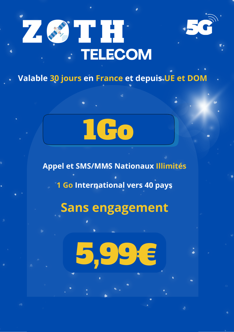 Forfait 1Go avec appels et SMS illimités en France et international vers 40 pays.